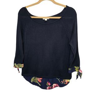 New York & Company Womens M Navy Boatneck Knit Floral Underlay Deatil Sweater